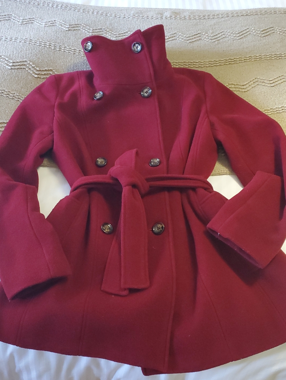 Calvin Klein Women's Funnel Collar Double-Breasted Belted Peacoat Deep Red